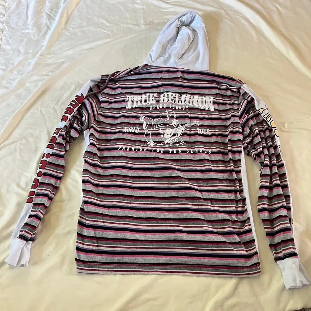 True Religion Buddha Logo Multi Color Stripe Hooded Shirt Sz L